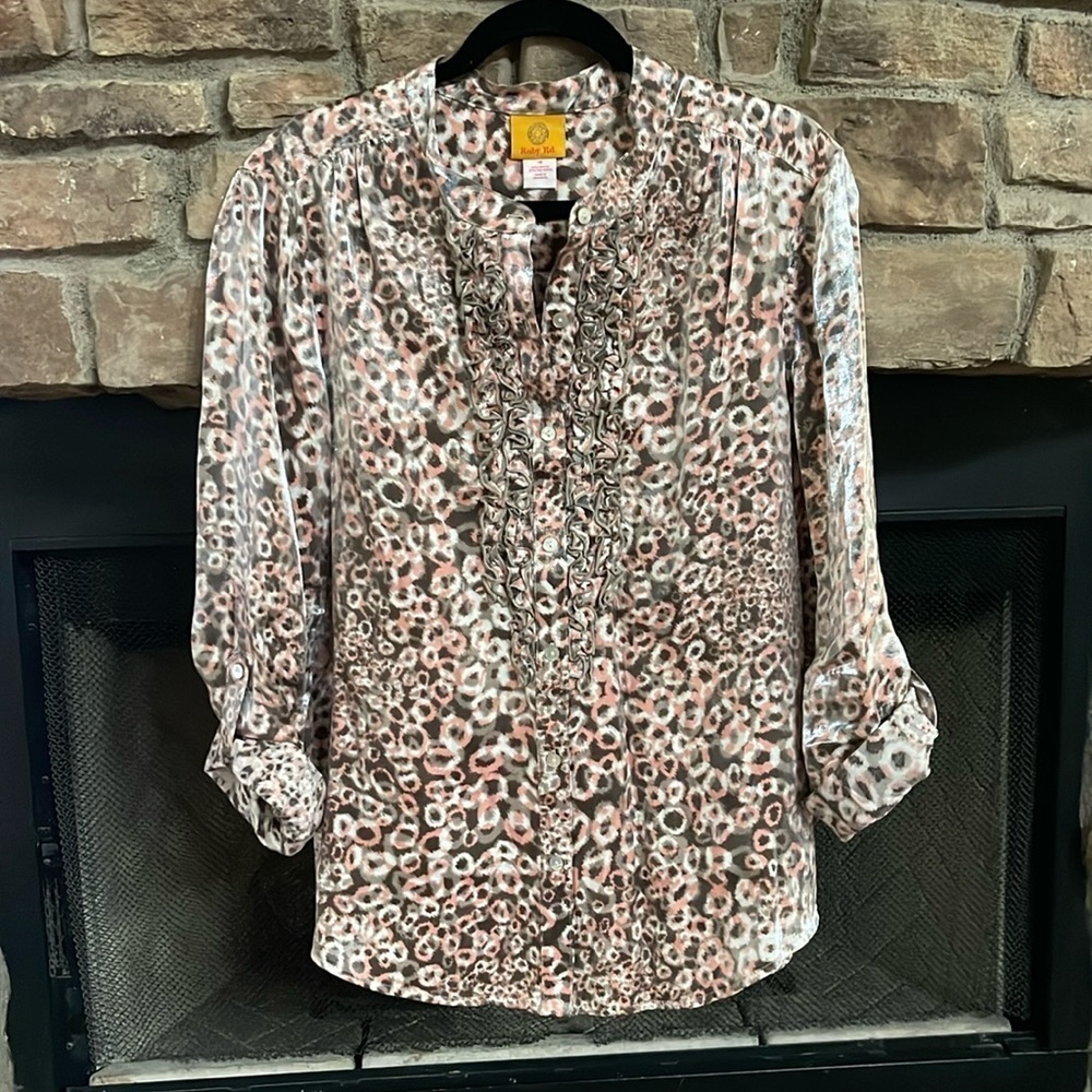 Ruby Rd. Pink and brown leopard patterned blouse with cascading ruffles Size 18